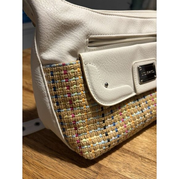 STONE & CO. Shoulder Bag White Faux Leather Multicolor Woven Straw Purse Boho - Picture 3 of 16